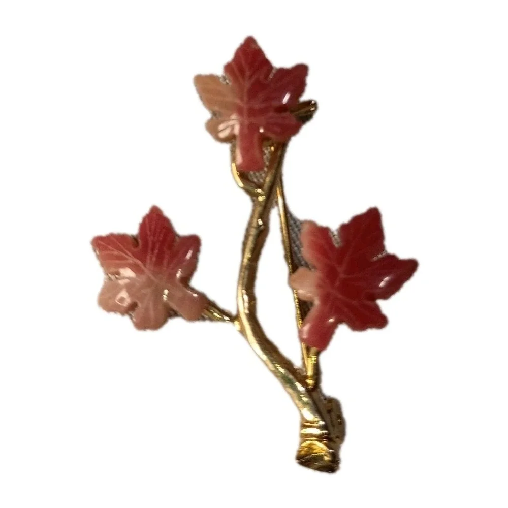 Vintage‎ Tree Branch Brooch Pin Pink Stone Leaves Coral